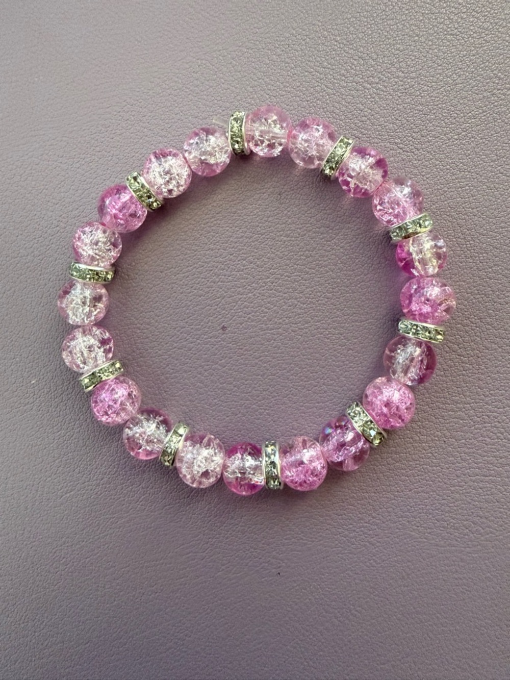 Pink Crackle Glass Stretch Bracelet with Rhinestone Spacer Rings